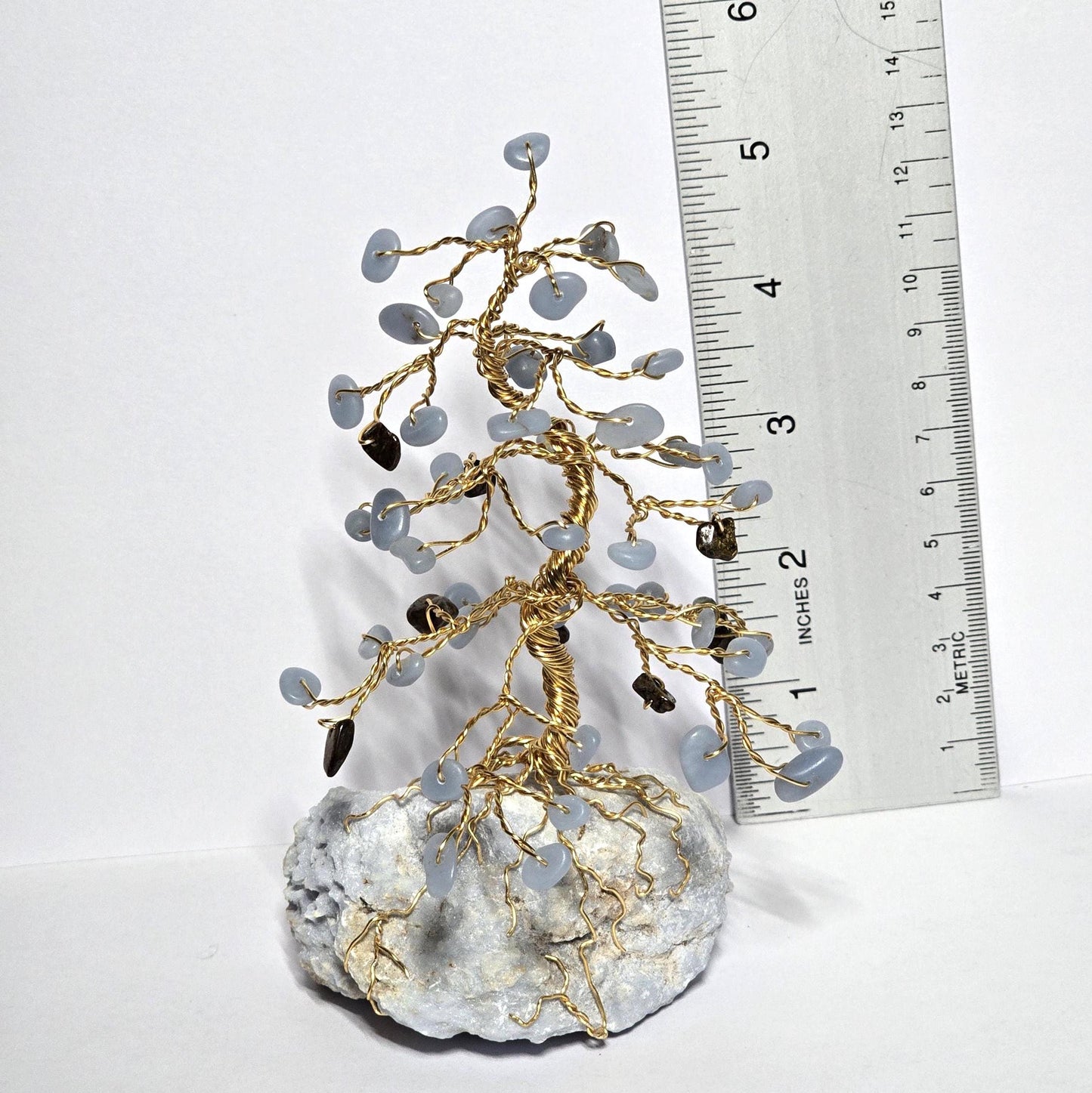 Blue Angelite Mini Pine Tree on Raw Rock Base, Bronzite "Pine Cones"