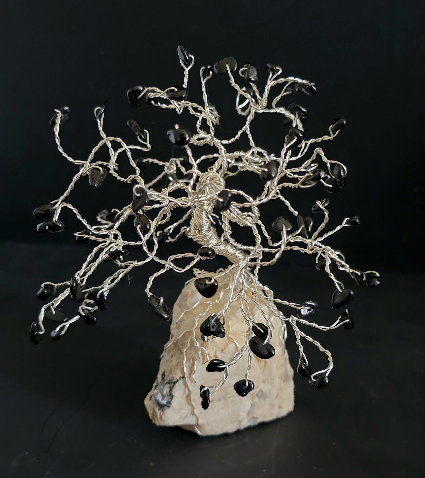 Black Tourmaline Bonsai Crystal Tree on Quartz Rock Base