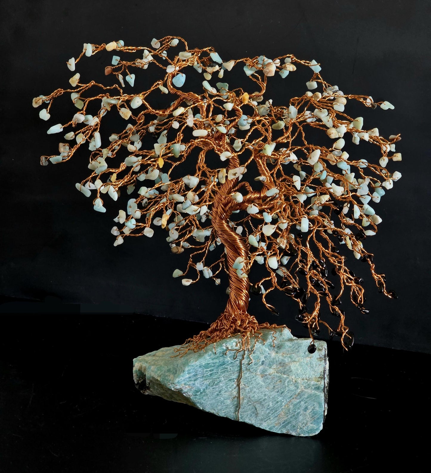 Amazonite & Black Tourmaline Crystal Tree Art Sculpture