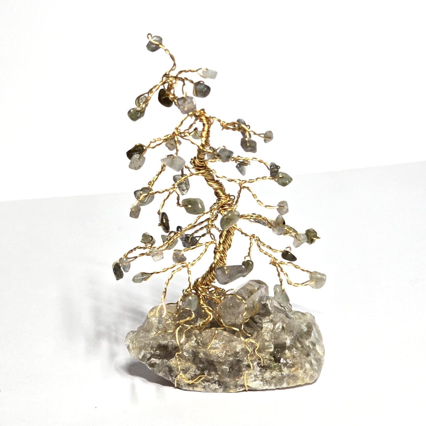 Flashy Labradorite Mini Pine Tree on Quartz Rock Base