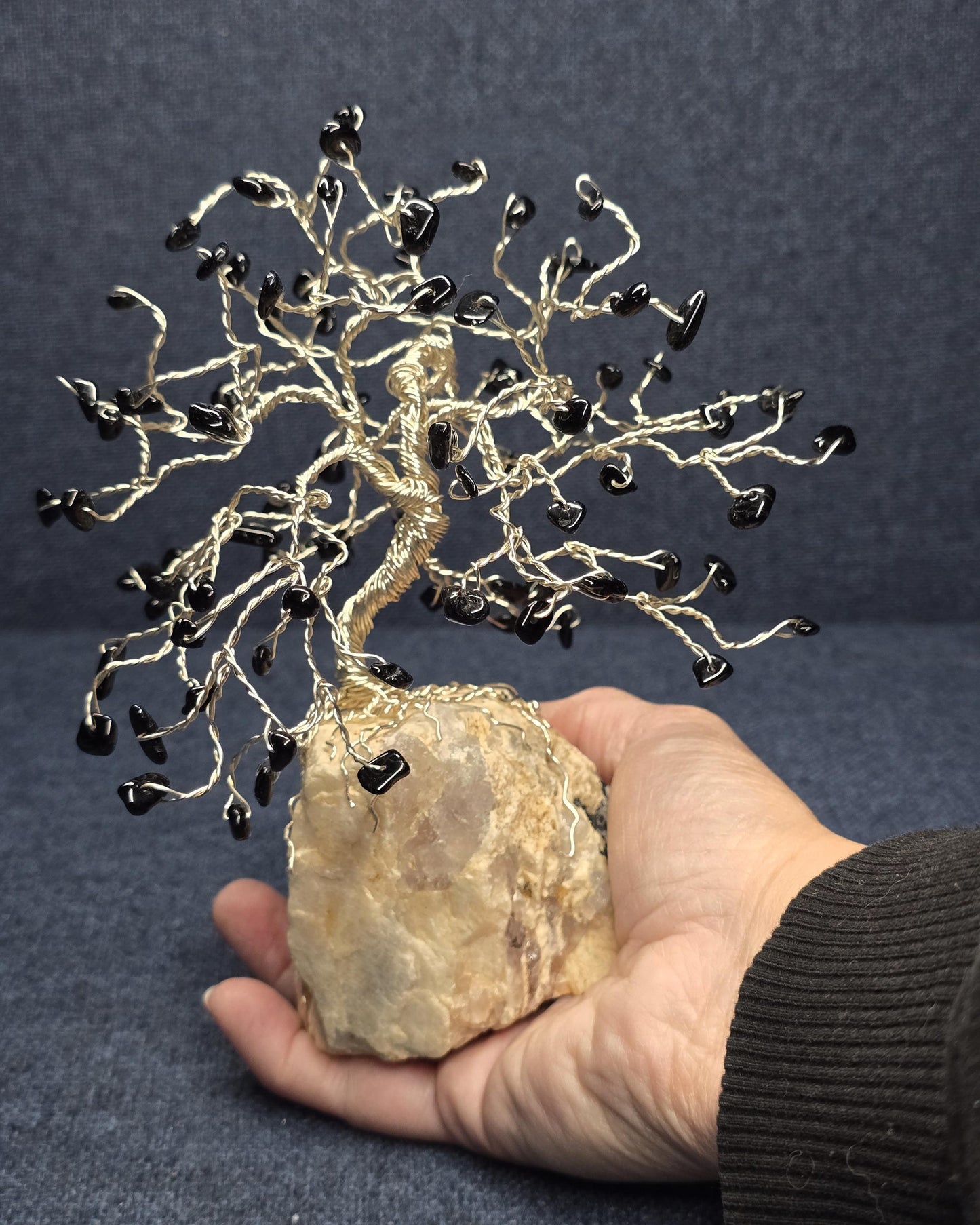 Black Tourmaline Bonsai Crystal Tree on Quartz Rock Base