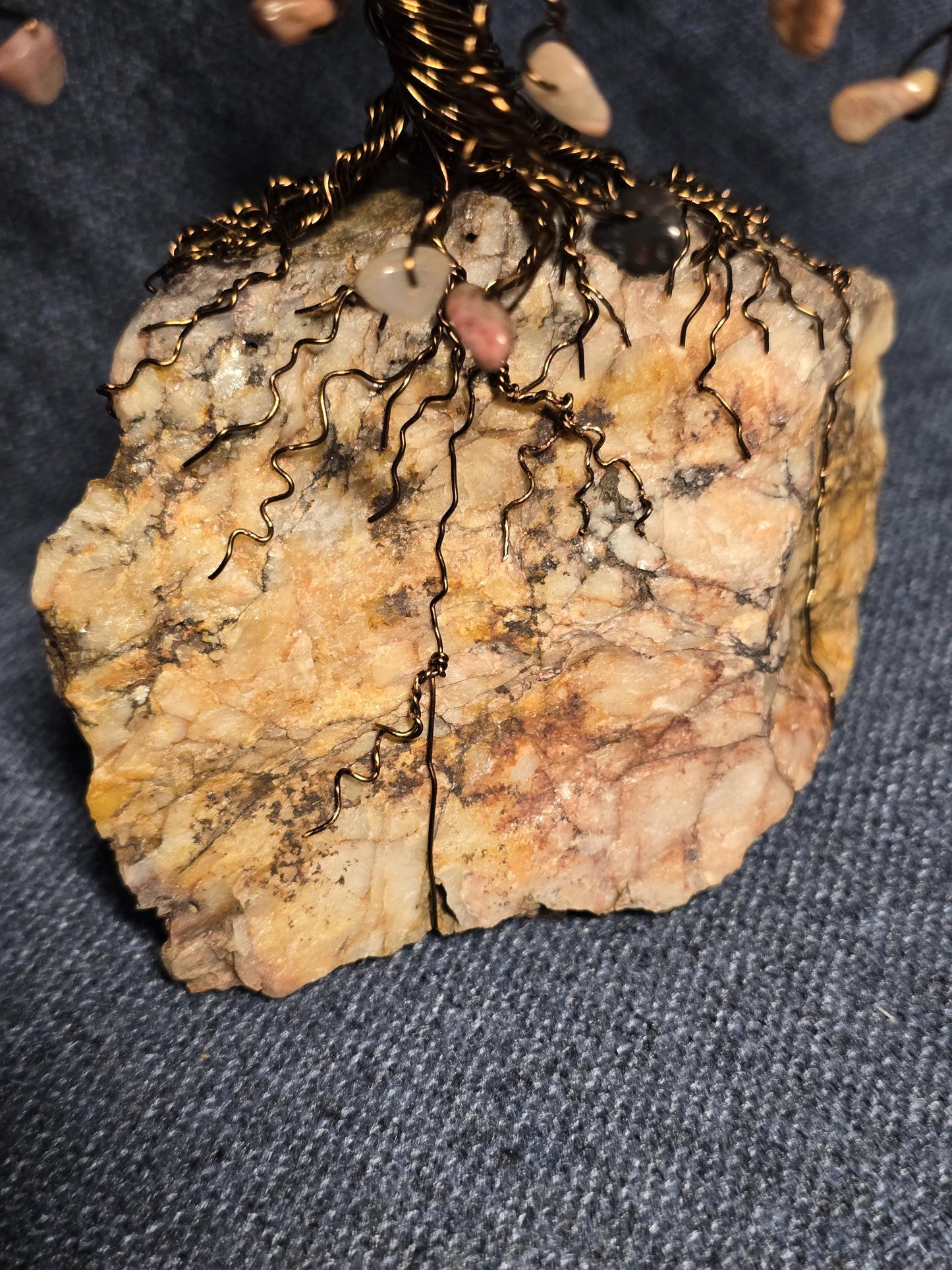 Large Rhodonite Gem Tree with Dark Bronze Wire, Handcrafted Wire Sculpture Art