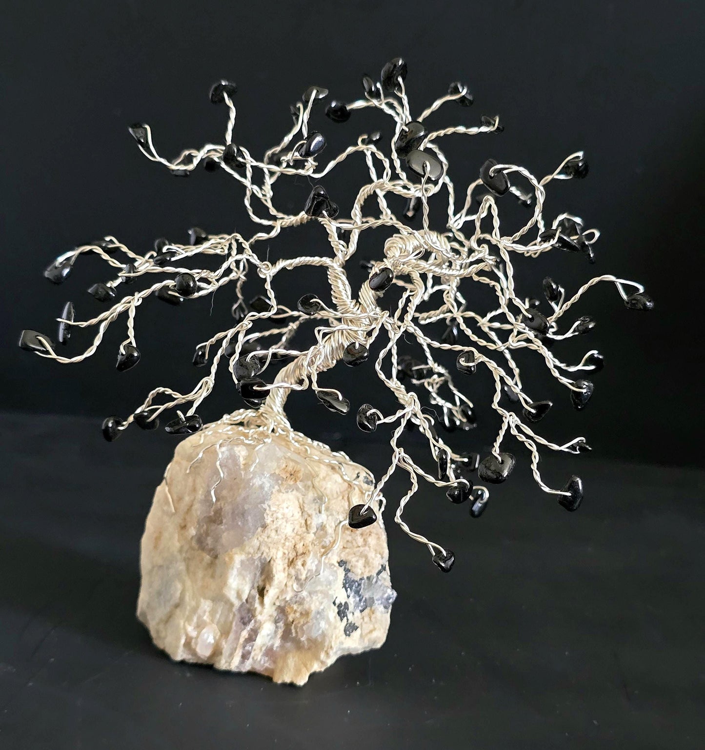 Black Tourmaline Bonsai Crystal Tree on Quartz Rock Base