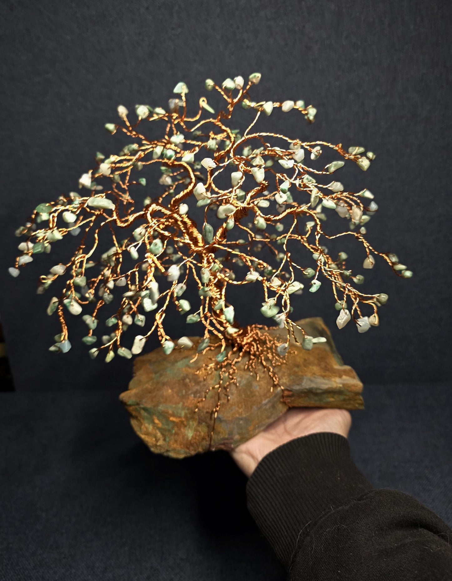 Green Jade Gem Tree on Chrysocolla Rock Base