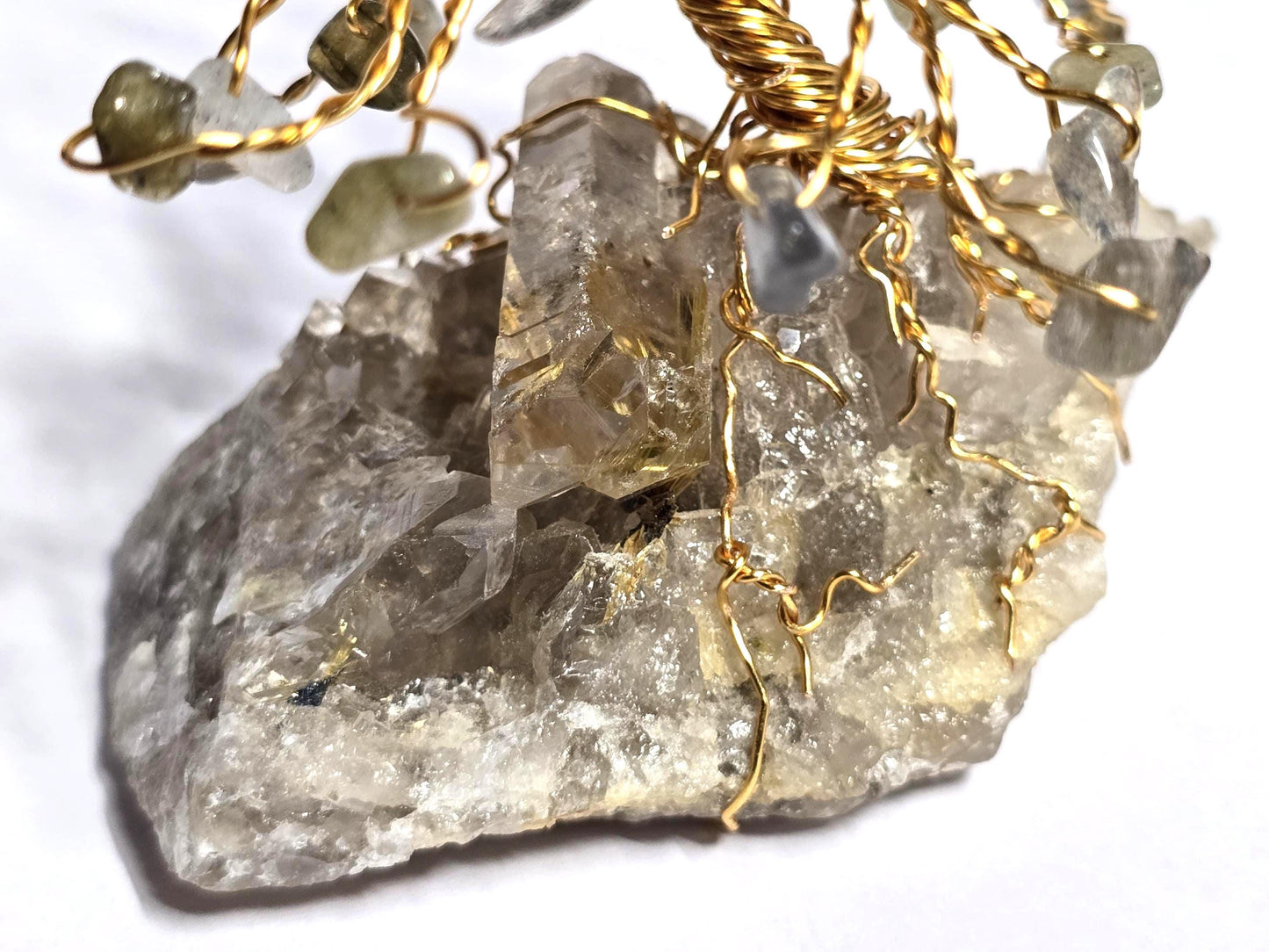 Flashy Labradorite Mini Pine Tree on Quartz Rock Base