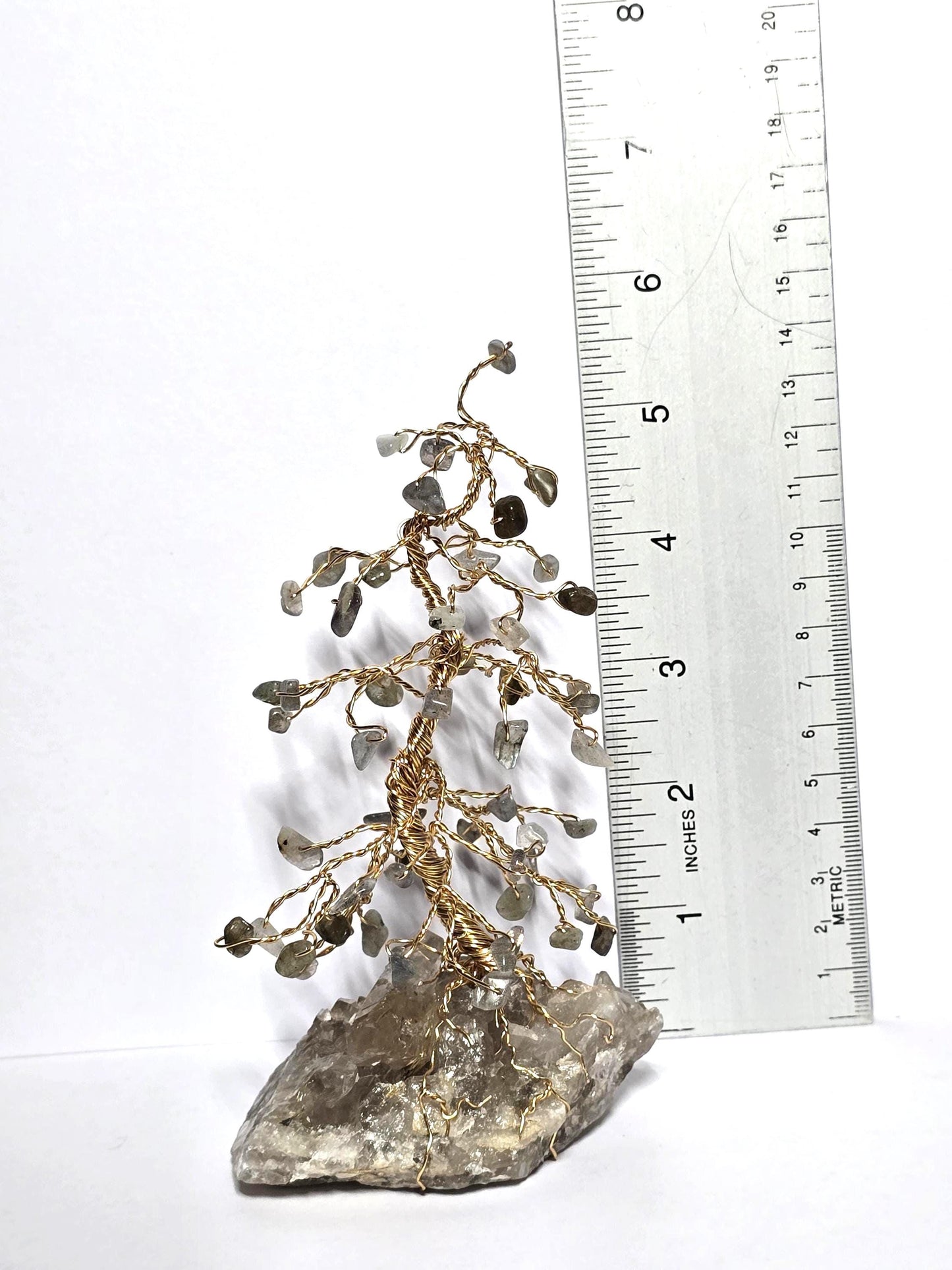 Flashy Labradorite Mini Pine Tree on Quartz Rock Base