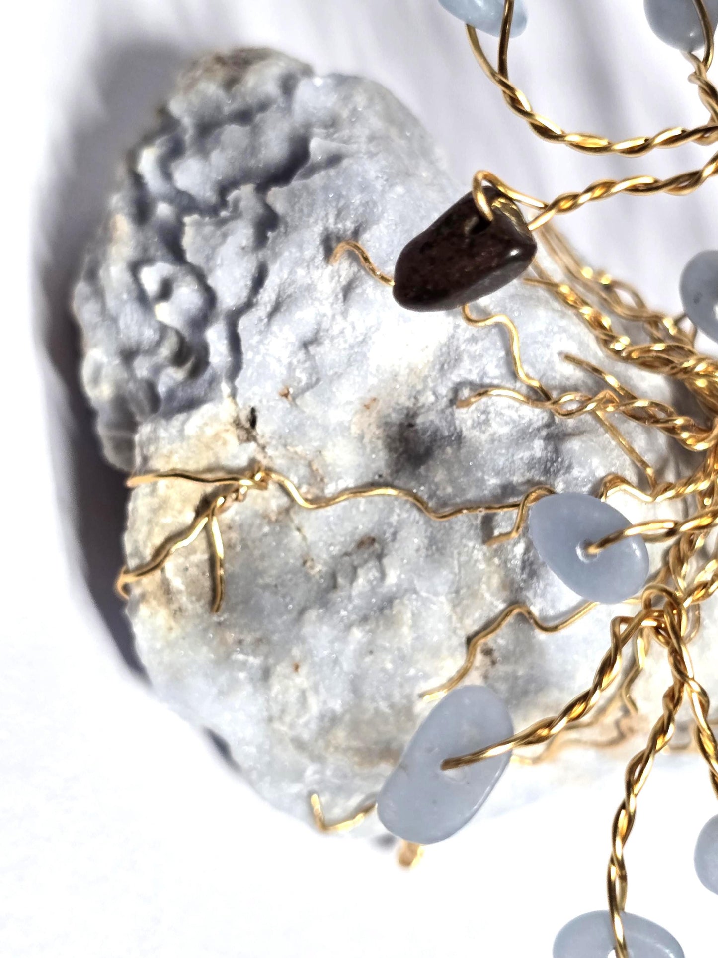 Blue Angelite Mini Pine Tree on Raw Rock Base, Bronzite "Pine Cones"