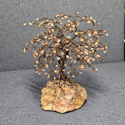 Large Rhodonite Gem Tree with Dark Bronze Wire, Handcrafted Wire Sculpture Art