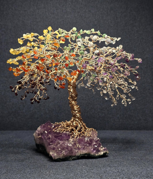 Large 7 Chakra Crystal Tree on Flashy Amethyst Rock Base