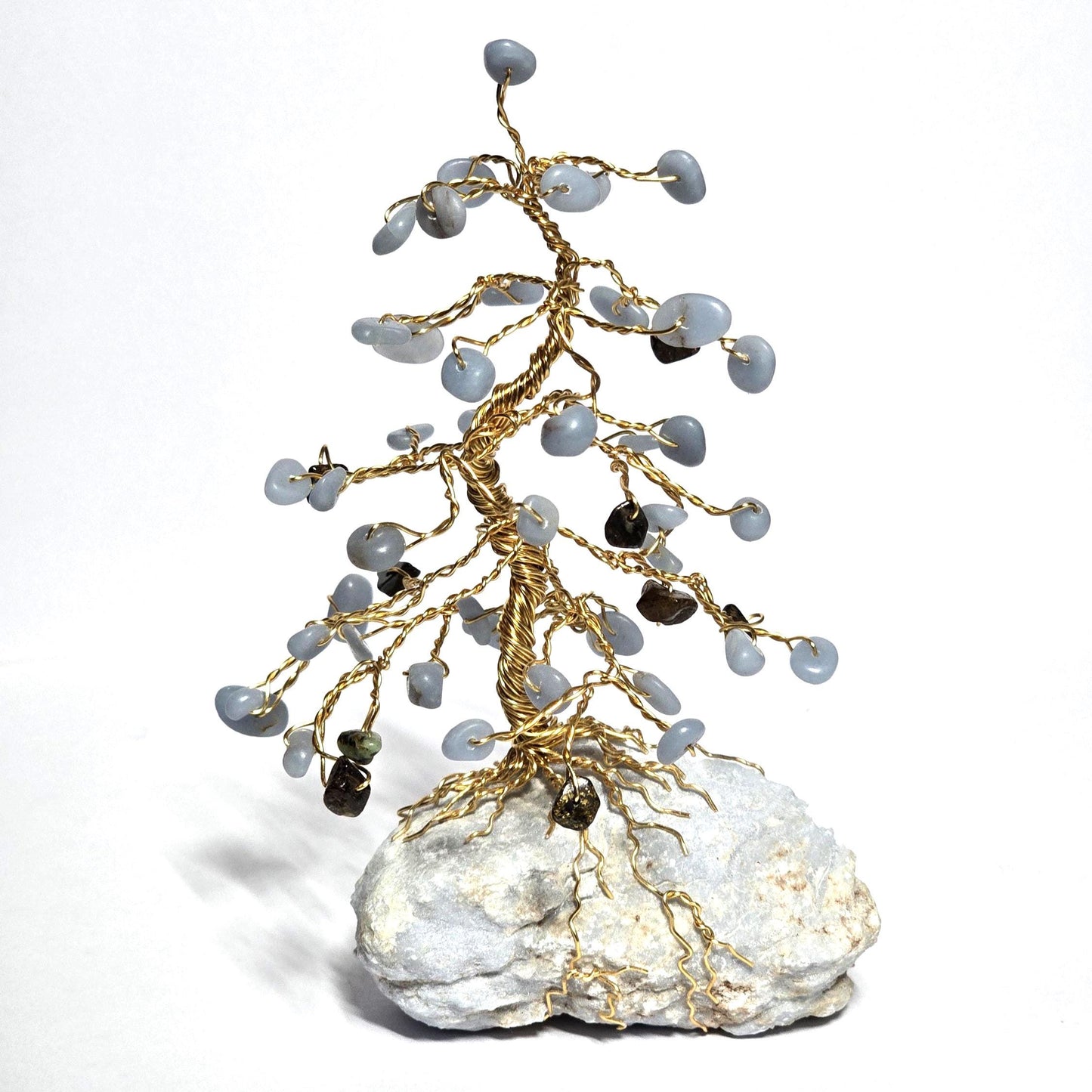 Blue Angelite Mini Pine Tree on Raw Rock Base, Bronzite "Pine Cones"