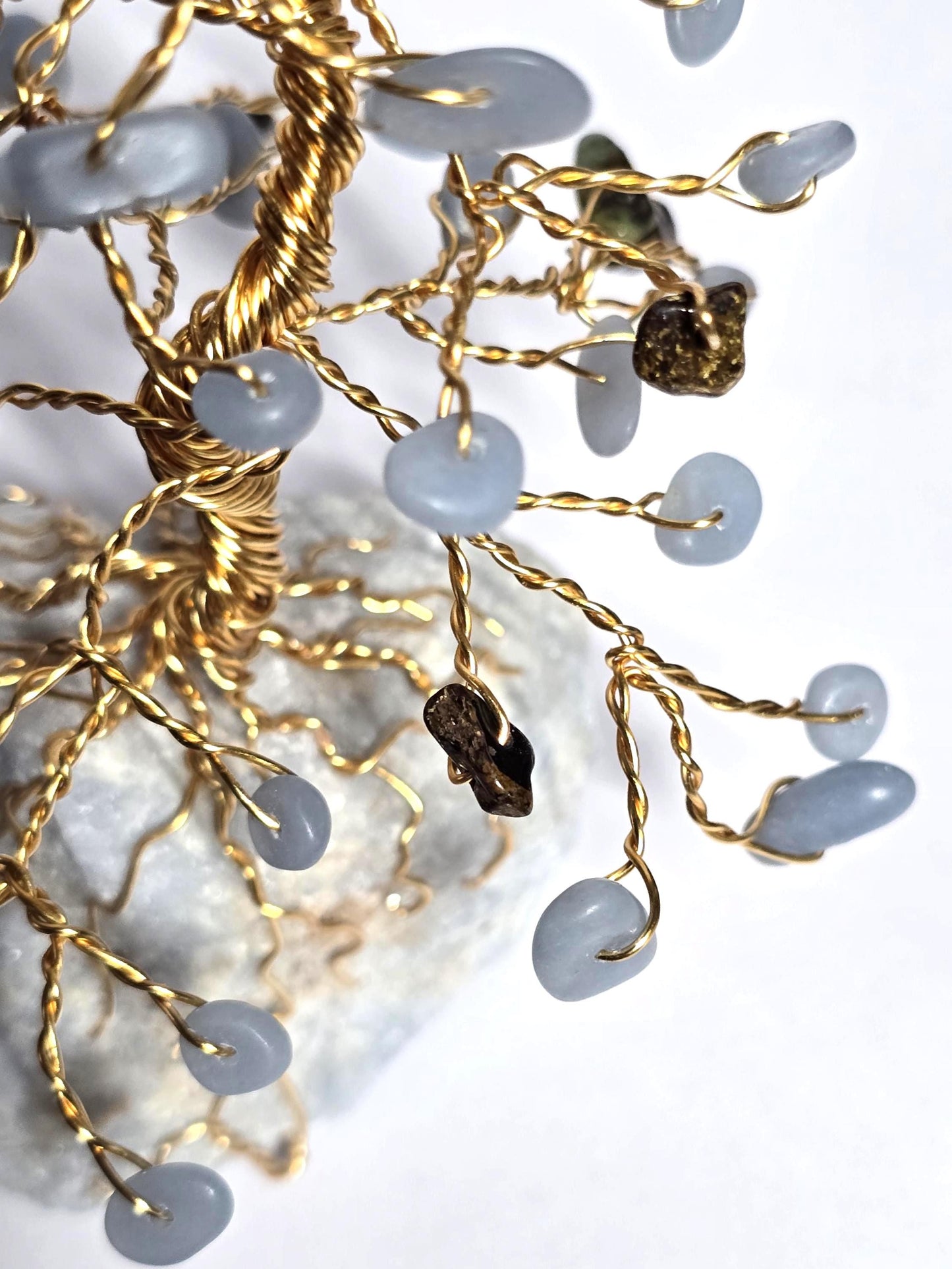 Blue Angelite Mini Pine Tree on Raw Rock Base, Bronzite "Pine Cones"