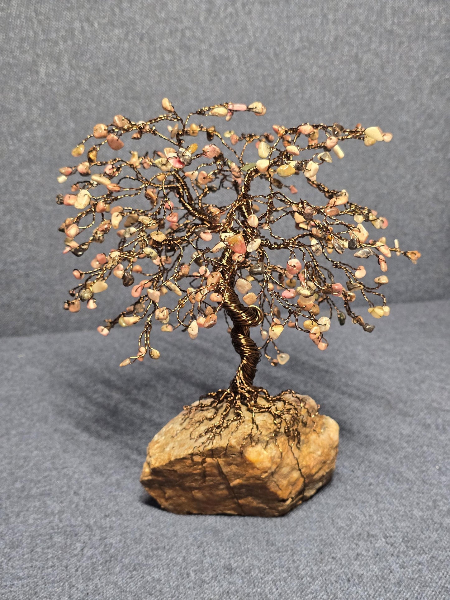 Large Rhodonite Gem Tree with Dark Bronze Wire, Handcrafted Wire Sculpture Art