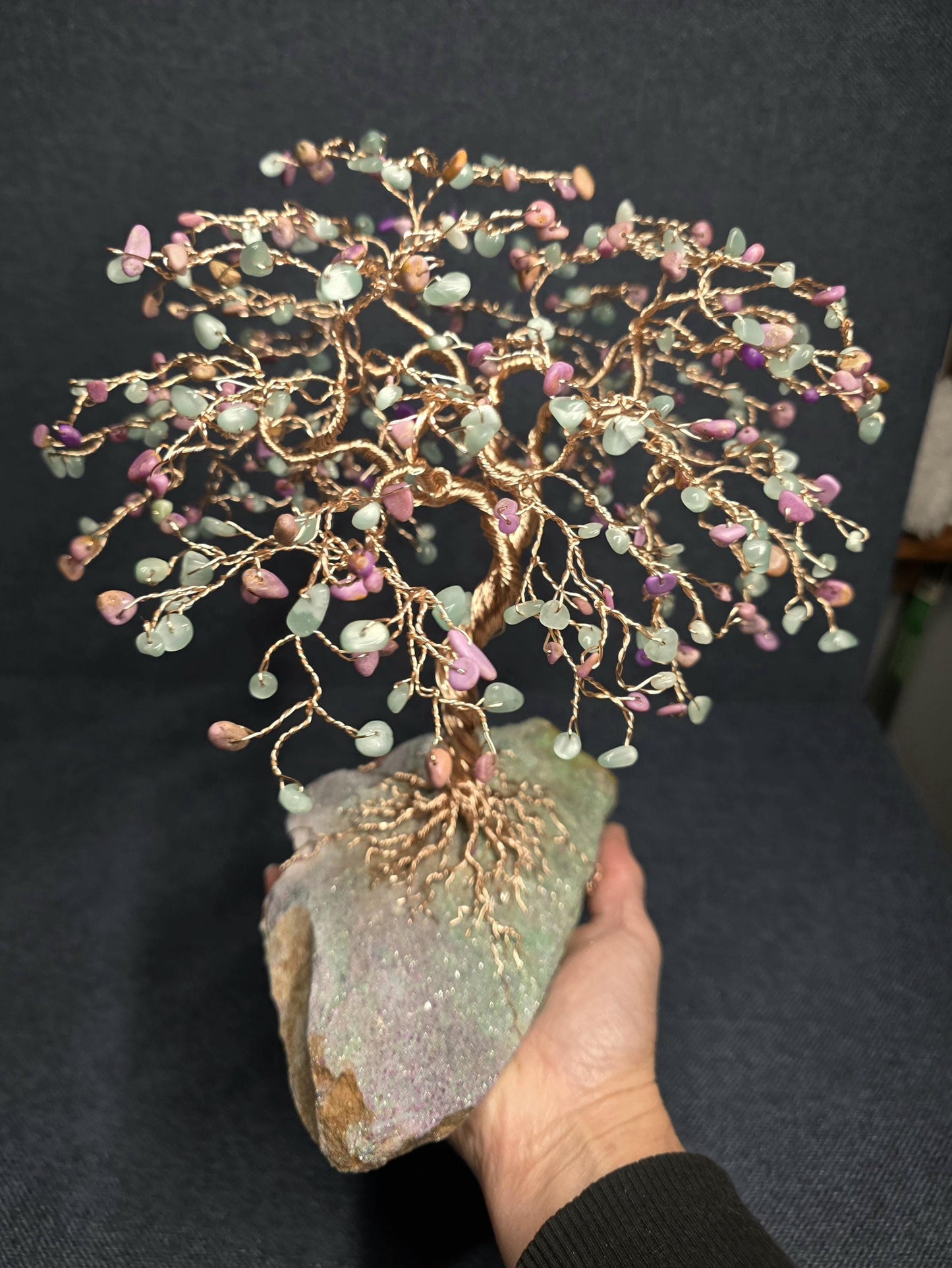 Green Moonstone & Phosphosiderite Gemstone Tree Sculpture Art