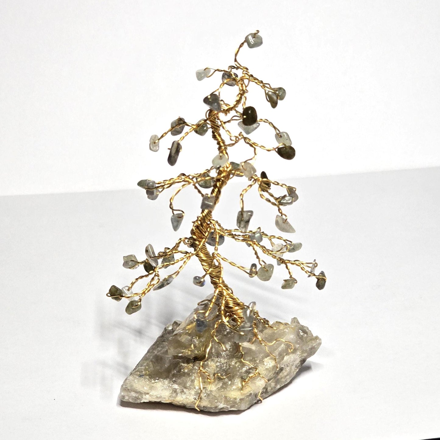 Flashy Labradorite Mini Pine Tree on Quartz Rock Base