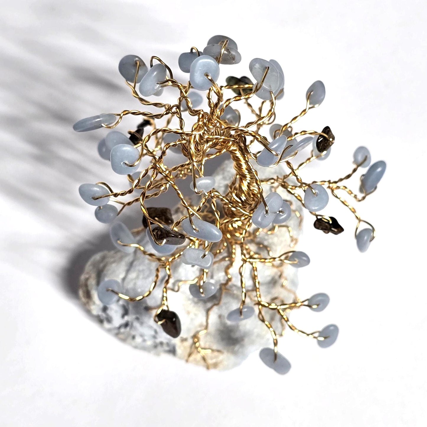 Blue Angelite Mini Pine Tree on Raw Rock Base, Bronzite "Pine Cones"