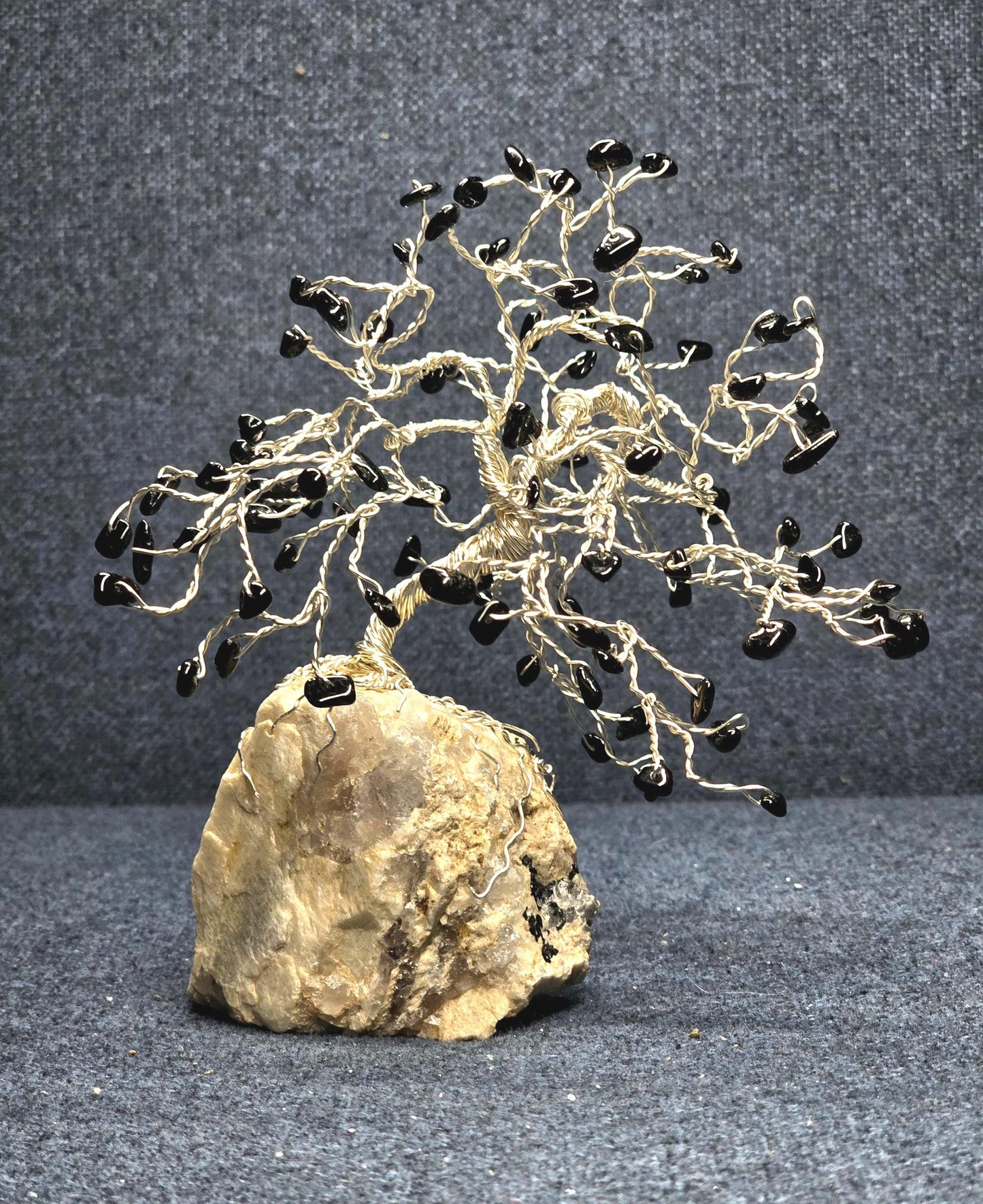 Black Tourmaline Bonsai Crystal Tree on Quartz Rock Base