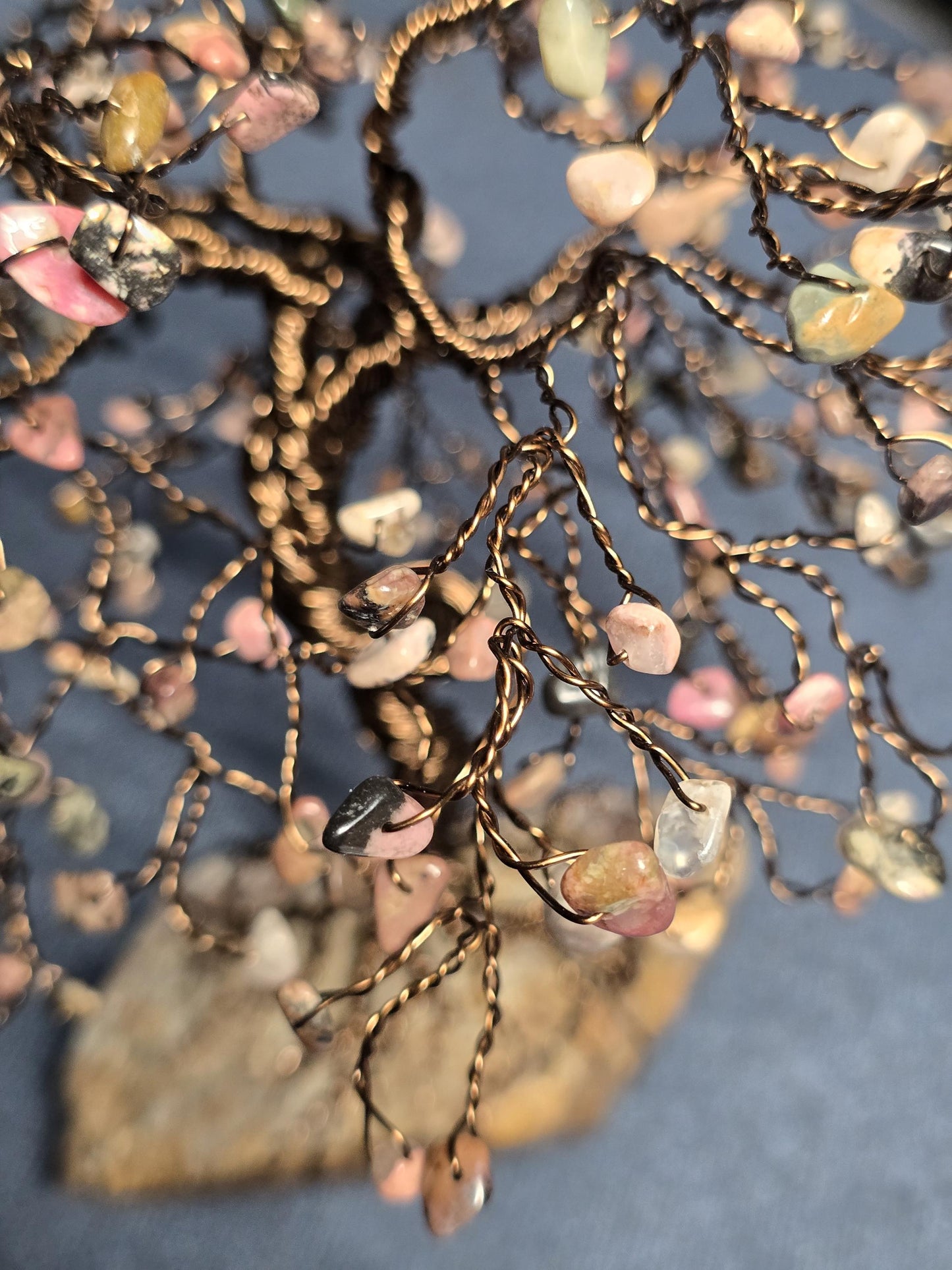 Large Rhodonite Gem Tree with Dark Bronze Wire, Handcrafted Wire Sculpture Art