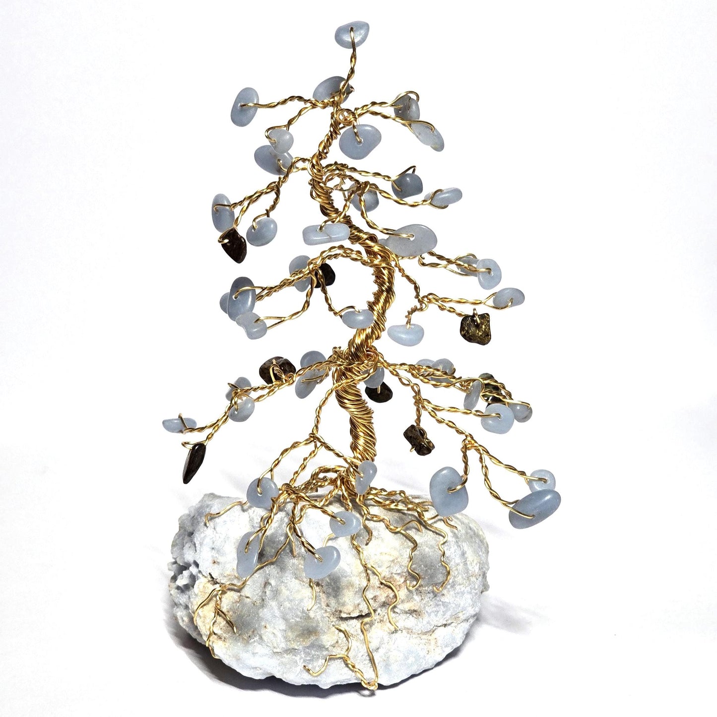 Blue Angelite Mini Pine Tree on Raw Rock Base, Bronzite "Pine Cones"