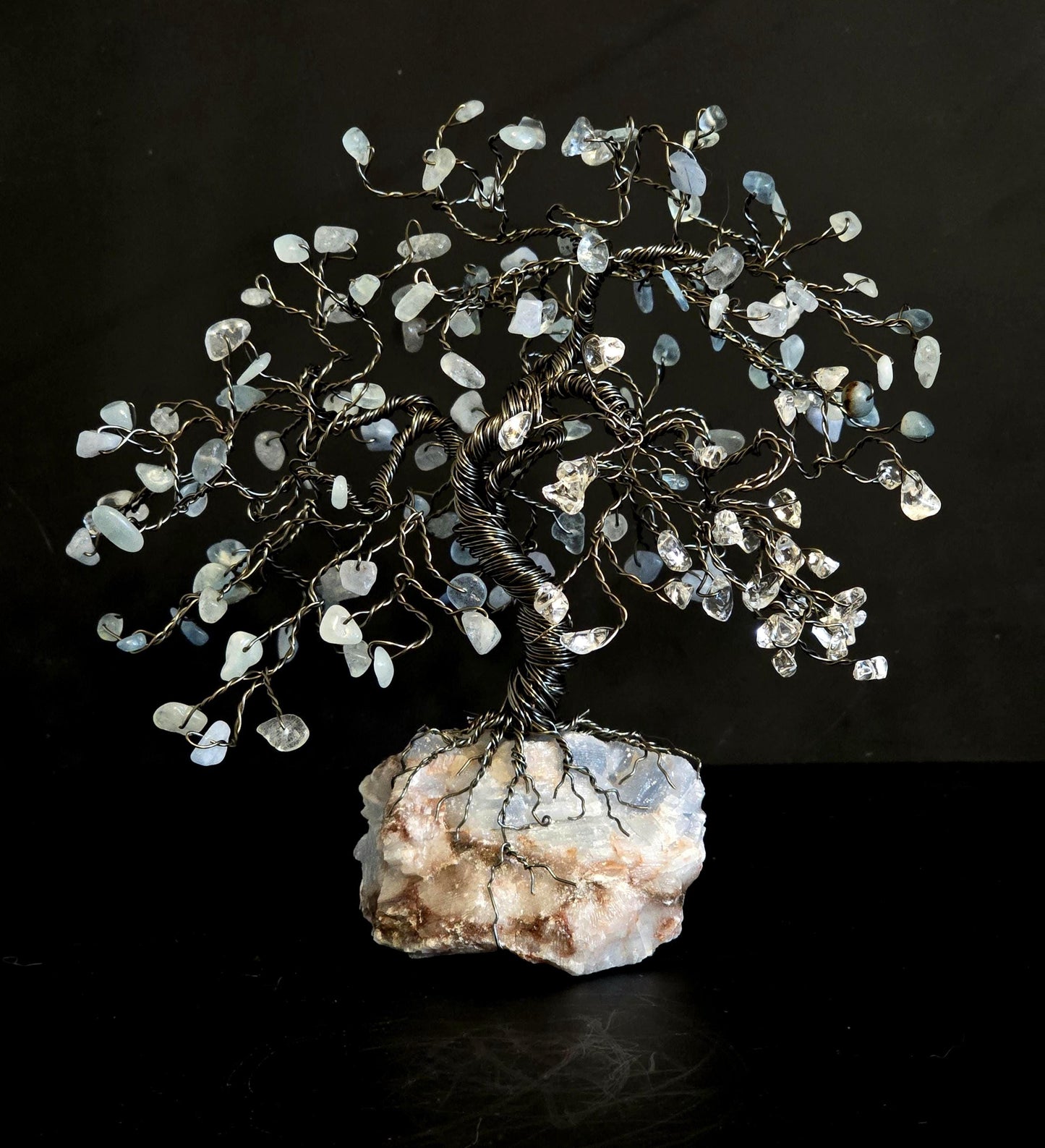 Aquamarine Bonsai Crystal Tree on Calcite Rock Base