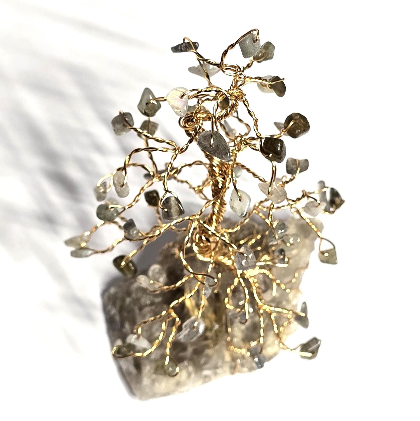 Flashy Labradorite Mini Pine Tree on Quartz Rock Base